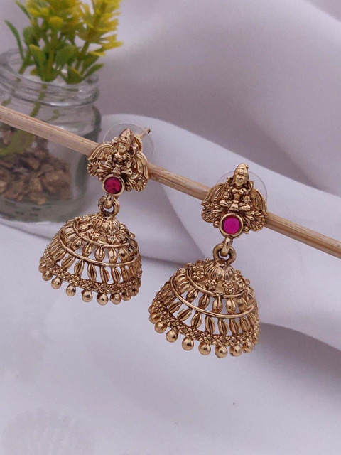 SOLIBELLE Gold Plated Artificial Stones Studded Dome Shaped Jhumkas
