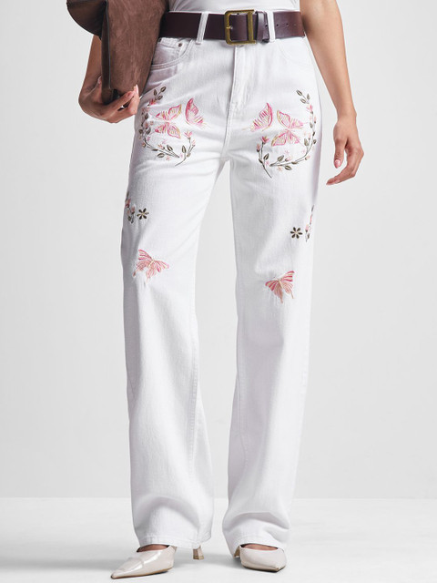 Tokyo Talkies Women Cotton Mid-Rise Butterfly Embroidered Dad Fit Jeans
