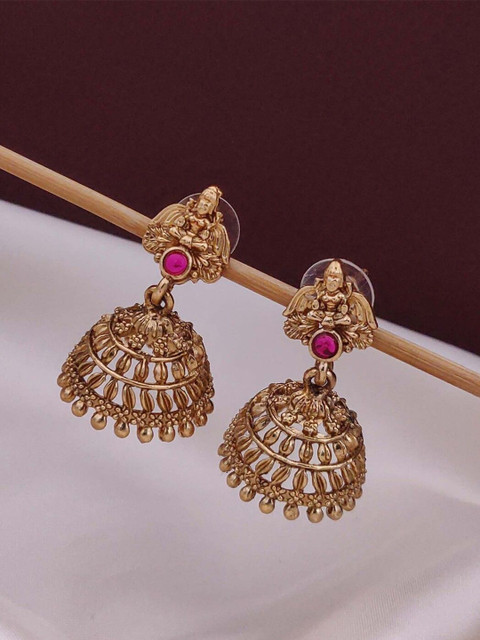 SOLIBELLE Gold Plated Artificial Stones Studded Dome Shaped Jhumkas - Image 3