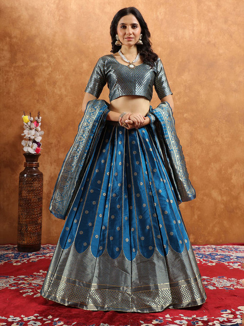 SWAMI STUDIO Woven Design Zari Work Semi-Stitched Silk Lehenga & Blouse With Dupatta