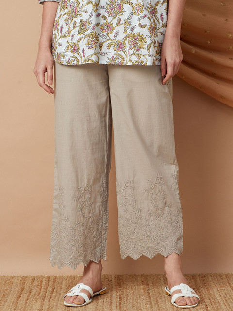Melange by Lifestyle Women Floral Embroidered Mid-Rise Parallel Trousers