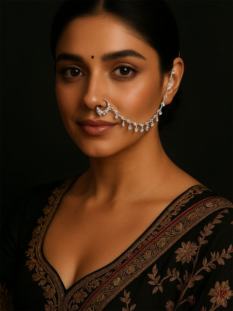 ABDESIGNS Silver-Plated Cubic Zirconia Studded Chained Nosepin