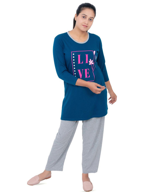 E-MAX Women Blue Cotton Blend Night suits
