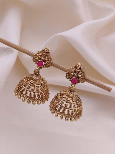 SOLIBELLE Gold Plated Artificial Stones Studded Dome Shaped Jhumkas - Image 2