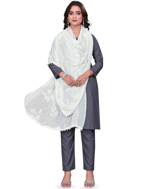 Kemza Floral Embroidered Phulkari Chiffon Dupatta With Pom Pom Border