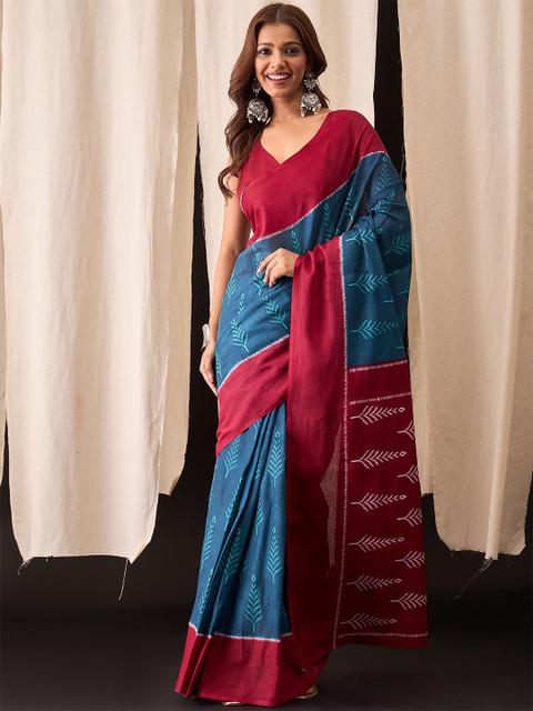AMRUTKALA SAREES Colourblocked Pure Cotton Block Print Saree