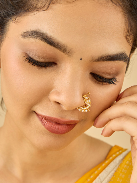 Kushal's Fashion Jewellery 92.5 Pure Silver Gold-Plated Studded & Beaded Ring Nosepin