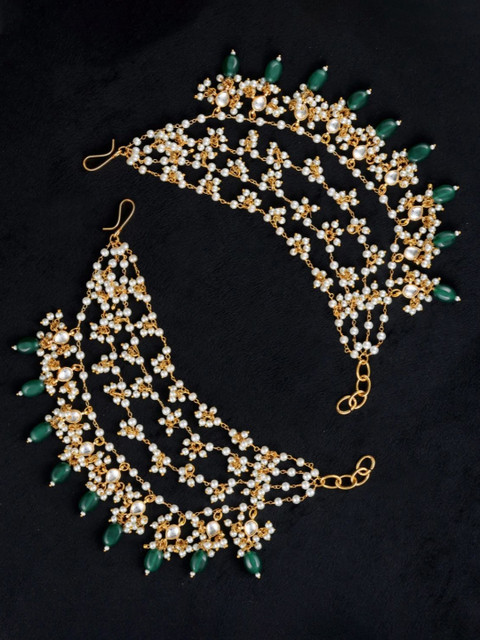 SSJR JEWELLERY Gold-Plated Artificial Stones Studded & Pearls Beaded Tasselled Ear Chains