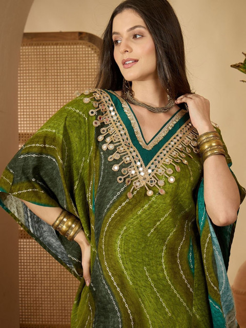 Sangria Leheriya Printed with Embellished Kaftan Kurta with Dhoti Pant Set