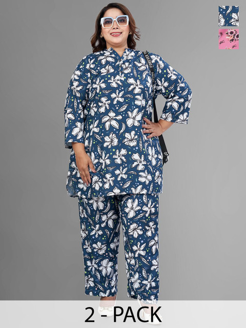 TITTLI Plus Size Pack Of 2 Floral Printed Mandarin Collar Tunic With Trousers