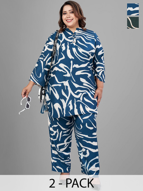 TITTLI Pack Of 2 Plus Size Abstract Printed Mandarin Collar Tunic With Trousers