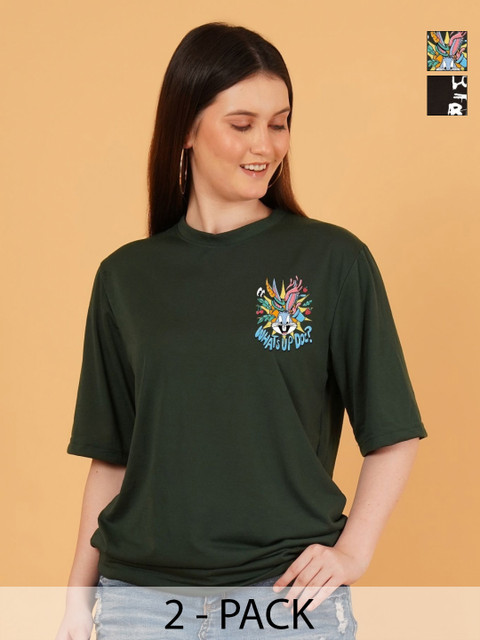 Kasendra Women Pack of 2 Bugs Bunny Graphic Printed Round Neck Relaxed Fit T-shirts