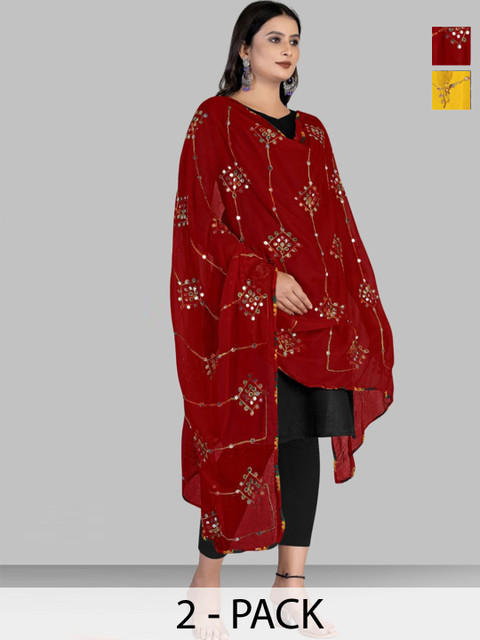Kemza Selection Of 2 Embroidered Mirror Work Chiffon Dupatta