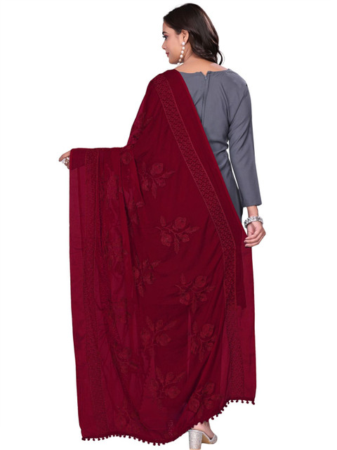 Kemza Embroidered Phulkari Chiffon Dupatta With Pom Pom Border - Image 4