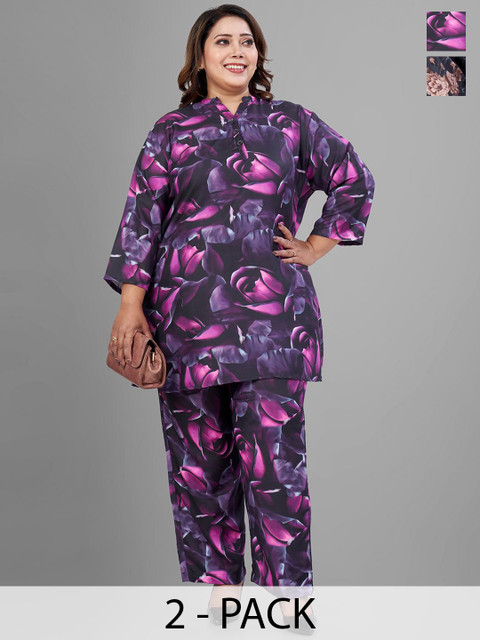 TITTLI Plus Size Pack Of 2 Printed Mandarin Collar Relaxed Fit Tunic With Trousers