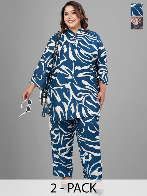 TITTLI Plus Size Pack Of 2 Abstract Printed Mandarin Collar Tunic With Trousers