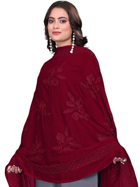 Kemza Embroidered Phulkari Chiffon Dupatta With Pom Pom Border - Image 5