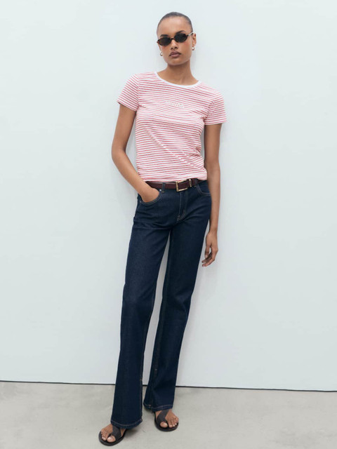 MANGO Striped Brand Logo Printed Pure Cotton T-shirt