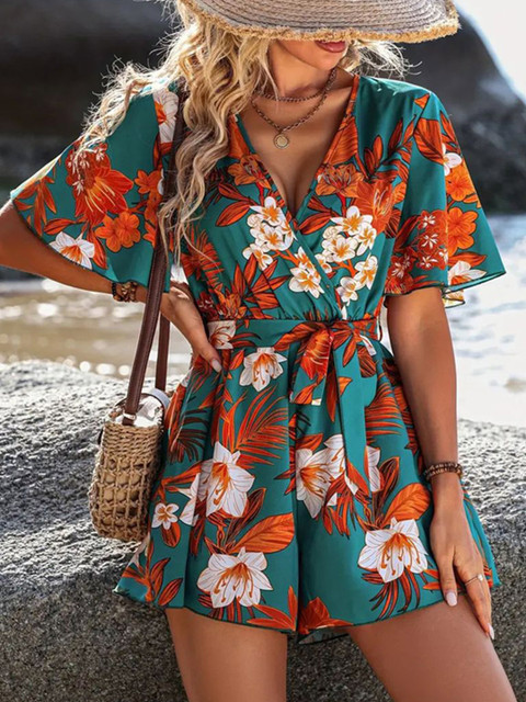 StyleCast x Revolte Women Tropical Printed Waist Tie-Ups V-Neck Jumpsuit