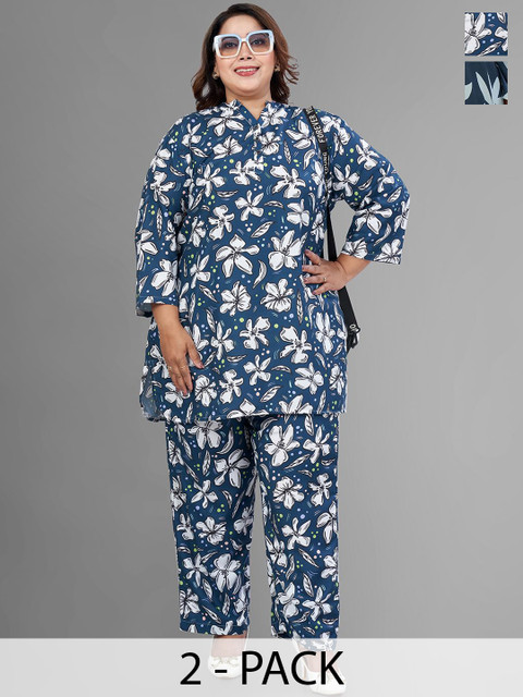 TITTLI Plus Size Pack Of 2 Printed Mandarin Collar Relaxed Fit Tunic With Trousers