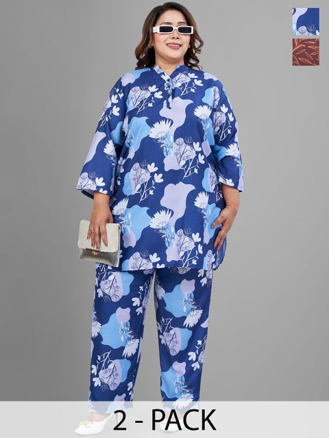 TITTLI Plus Size Pack Of 2 Floral Printed Mandarin Collar Tunics With Trousers