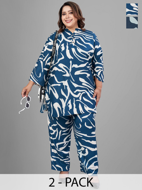 TITTLI Plus Size Pack Of 2 Printed Mandarin Collar Relaxed Fit Tunic With Trousers