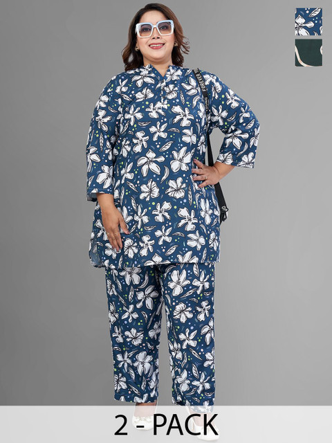 TITTLI Pack Of 2 Plus Size Floral Printed Mandarin Collar Tunic With Trousers