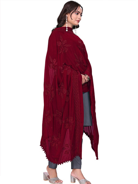 Kemza Embroidered Phulkari Chiffon Dupatta With Pom Pom Border - Image 3