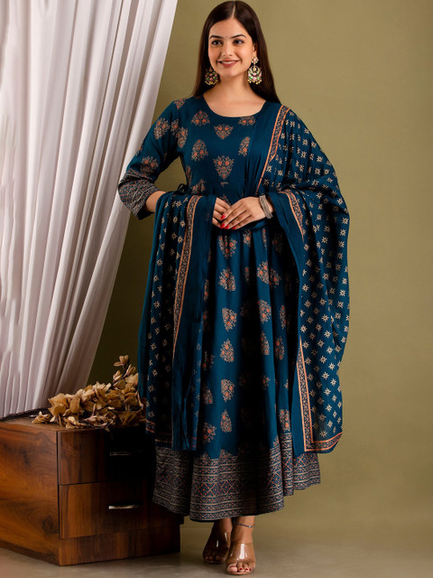Bunkari Printed Pure Cotton Fit And Flare Ethnic Dresses With Dupatta