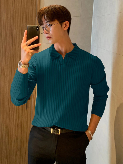 KAJARU Striped Ribbed Polo Collar Long Sleeves T-Shirt