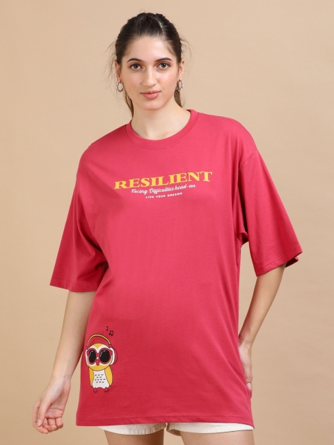 MORSE CODE Women Typography Printed Round Neck Pure Cotton Oversized T-shirt