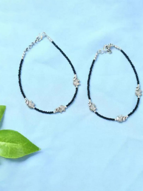 HIGH TRENDZ Women Set of 2 Silver-Plated Artificial Beads Anklet