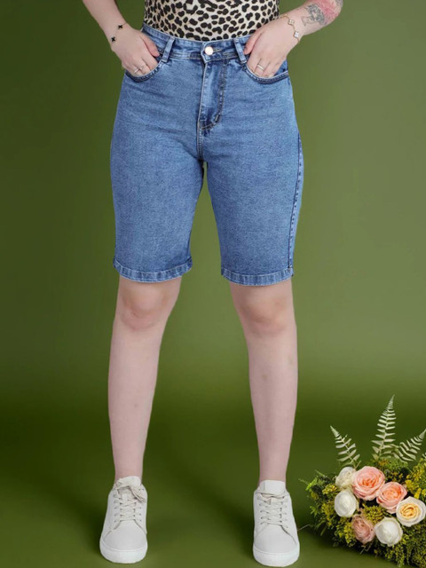 DressBerry Basics Women Washed Slim Fit High-Rise Denim Shorts