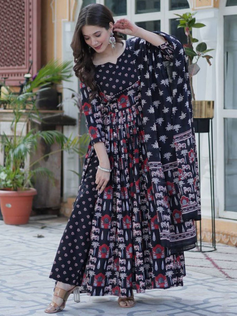 Charnest Ethnic Motifs Printed Notch Neck Kurta With Palazzos & Dupatta - Image 6