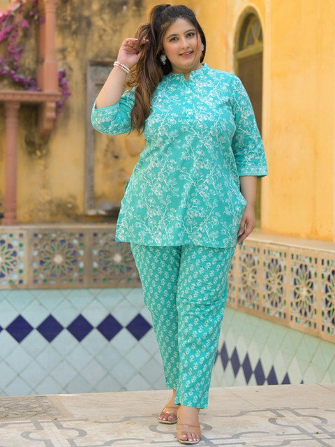 Lee Moda Plus Size Floral Printed Pure Cotton Tunic & Trousers Co-Ord Set - Image 6