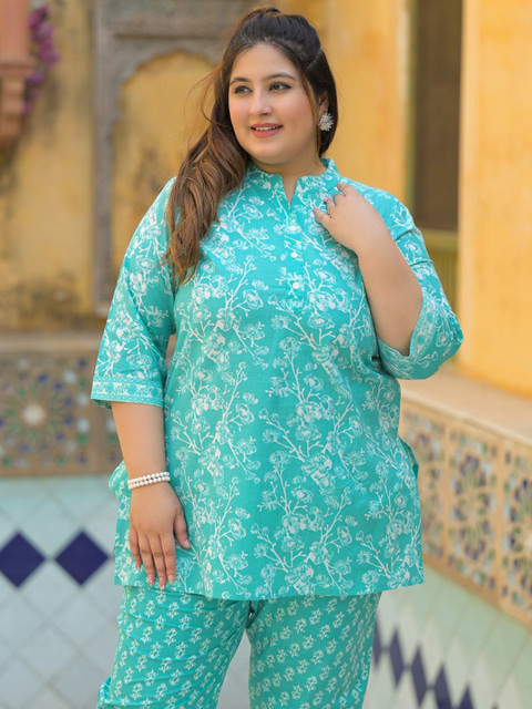 Lee Moda Plus Size Floral Printed Pure Cotton Tunic & Trousers Co-Ord Set - Image 7