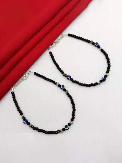 HIGH TRENDZ Silver-Plated Artificial Beaded Evil Eye Anklets