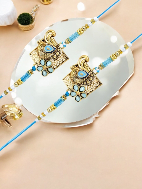 MEIRA JEWELLERY Set Of 2 Stones Studded & Beaded Peacock Thread Rakhis & Roli Chawal Card