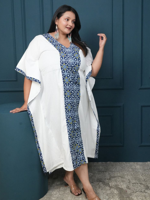 Swadeshi Shringaar Plus Size White And Blue Geometric Printed Cotton Kaftan Dress