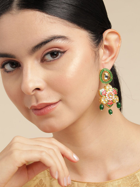 Anouk Floral Gold-Plated Artificial Stone Studded & Pearls Beaded Drop Earrings