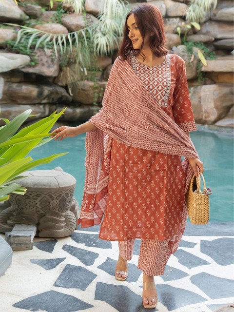 KALINI Women Floral Printed Cotton Kurta with Trousers & Dupatta