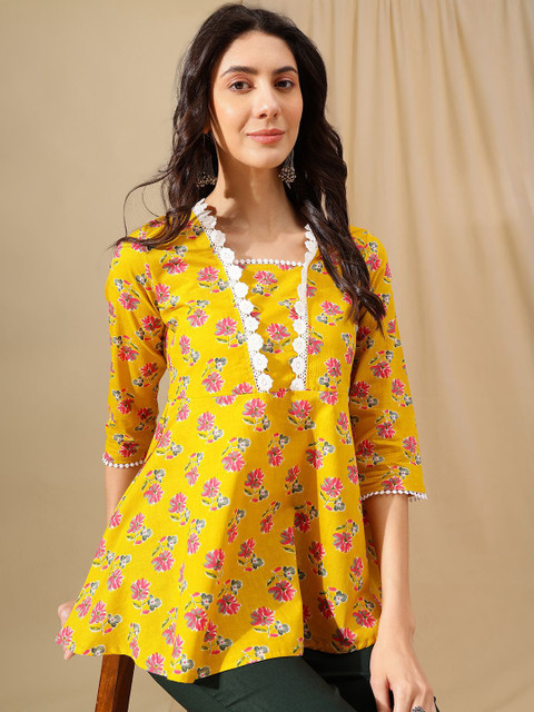 HERE&NOW Women Floral Printed Square Neck Cotton Top