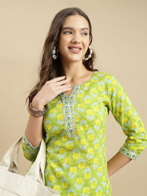 HERE&NOW Women Ethnic Motifs Printed Gotta Patti Pure Cotton Kurti