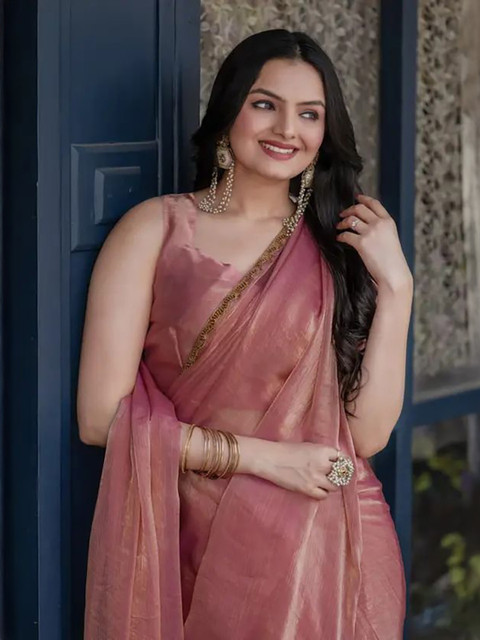 VRAGI Embellished Border Beads and Stones Pure Chiffon Saree