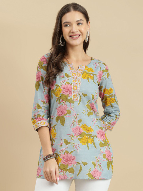 HERE&NOW Women Floral Printed Gotta Patti Pure Cotton Kurti