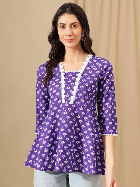 HERE&NOW Women Floral Printed Square Neck Cotton Top - Image 2