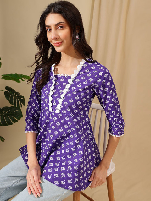 HERE&NOW Women Floral Printed Square Neck Cotton Top