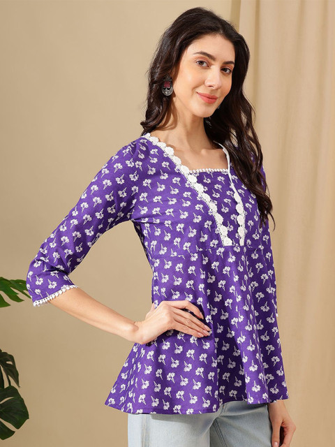 HERE&NOW Women Floral Printed Square Neck Cotton Top - Image 4