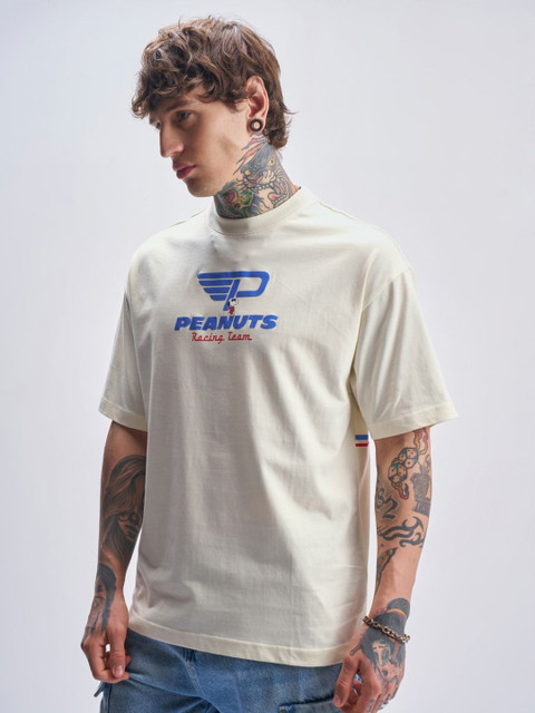 HIGHLANDER Typography Printed Round Neck Drop-Shoulder Sleeves Cotton Oversized T-shirt