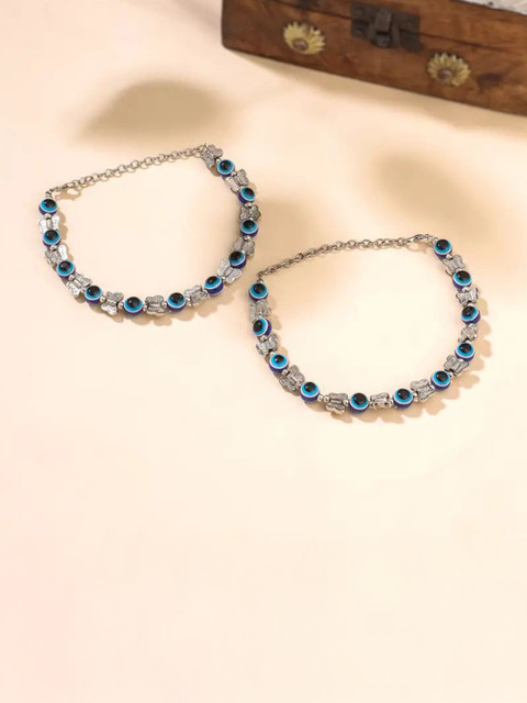 HIGH TRENDZ Silver-Plated Artificial Beaded Evil Eye Anklets